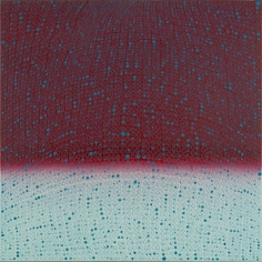 Teo Gonzalez, Arch/Horizon Painting 2, 2015, Acrylic on canvas over board, 24 x 24 inches. Light turquoise and dark magenta background with signature grid on top. Teo Gonzalez was born in Spain, and his signature style are works that consist of thousands of drops of water, arranged into a grid pattern, inside of which a small amount of ink or enamel was dropped and left to dry.