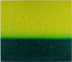 Teo Gonzalez, Arch/Horizon Painting 5, 2016, Acrylic on canvas over board, 36 x 42 inches. Lime green and dark green background with signature grid on top. Teo Gonzalez was born in Spain, and his signature style are works that consist of thousands of drops of water, arranged into a grid pattern, inside of which a small amount of ink or enamel was dropped and left to dry.