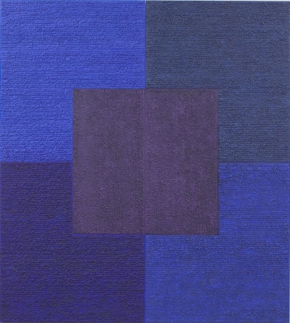 Louise P Sloane, True Blue, 2005, Acrylic paints and pastes on wood panel, 80 x 72 inches, four rectangles and a central square (blue, purple, indigo) Louise P. Sloane has been creating abstract paintings since 1974.