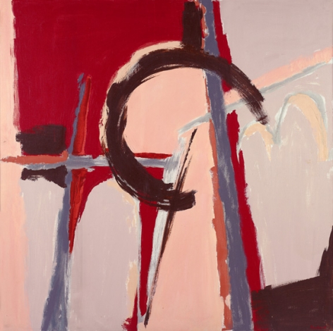 Judith Godwin,  Infidel, 1979,  Oil on canvas,  50 x 50 inches, Abstract work with red, light pink and mahogany, Judith Godwin uses the gestural methods and expressive color of abstract expressionism to convey her responses to life and nature.