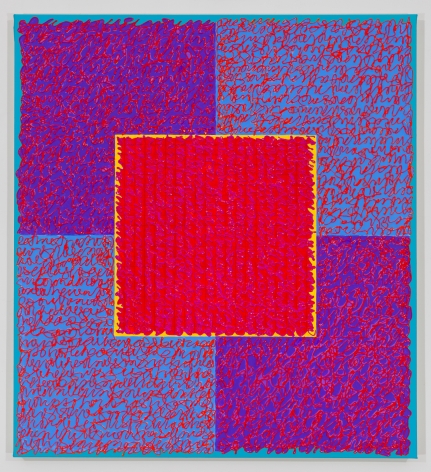 Louise P. Sloane, Dangerzone, 2018, Acrylic paints and pastes on linen, 44 x 40 inches, rectangle and a central square (magenta, and yellow) with personal text written in orange and dark red over the squares to create three dimensional texture. Louise P. Sloane has been creating abstract paintings since 1974. Her works focus on geometric forms while celebrating color and texture.