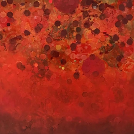 Erin Parish. The Point of Boiling, 2018, Oil and mixed media on wood panel, 48 x 48 in., Singed and dated on verso. Composed principally of fields of red and Bordeaux-colored circles over a red, Parish’s paintings do not have primary focal points, but rather implied depth, created by the use of resin resulting in textured surfaces that guides the eye. Layered and dense, Parish’s works convey a distinct tension between the textured surface and the underpainting resulting in structurally rigorous and complex compositions.