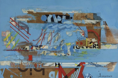 Sam Middleton, London Bridge, 1981,  Mixed media and collage on paper,  20-1/4 x 30-1/2,  Signed and dated lower right. Collage piece with brown cardboard, blue paint and geometric squares and triangular shapes in red and green. Sam Middleton was one of the leading 20th-century American artists, and is a mixed-media collage artist