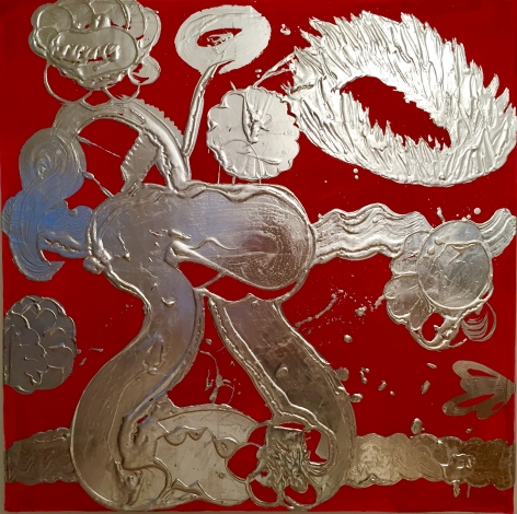 Catherine Howe,  Silver Painting, (Luminous Opera # 5), 2018,  Acrylic, aluminum leaf, and pigments on canvas,  40 x 40 inches, maroon red with aluminum pigments in various shapes and forms, Catherine Howe has produced sumptuously inviting yet socially-decadent conflations made in the name of painterly reflection. She has painted some variation of expressionist figuration, usually with readily-apparent allusions to art history.