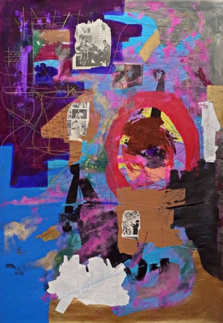 Kwesi Abbensetts, Martyrs For The Spirit, 2018,  Acrylic on canvas, 78 x 48 inches, Abstract painting with layers of brown, blue, purple paint and thin line marks on top, Kwesi Abbensetts is a New York based painter.