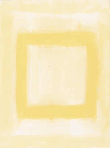 Felrath Hines, Untitled,  Watercolor on paper,  7.75 x 6 inches, Unsigned. Soft pastel yellow background with outlined yellow square in the center of the frame. Felrath Hines worked to create universal visual idioms from a place of complex personal experience. His figurative and cubist-style artwork morphed into soft-edged organic abstracts as he grappled with hues in his chosen oil medium.