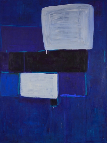 Katherine Parker, Shell Game, Oil on canvas, 80 x 60 inches, Abstract cobalt blue painting with black and white rectangles, Katherine Parker is known for her large vividly painted canvases which are characterized by layers of stumbled and abraded oil paint.