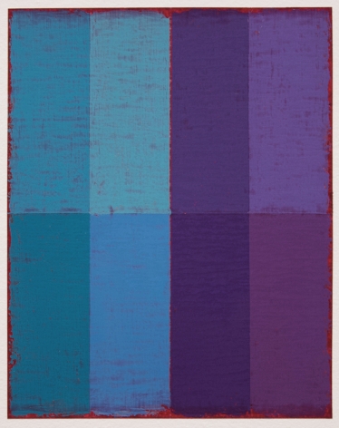 Steven Alexander, P19-18, 2018, Oil & acrylic on paper, 10 x 8 inches. Eight equal sized rectangles, in blue, light blue, purple and lavender stacked on top of the same colors in a slightly darker hue. Steven Alexander is an American artist who makes abstract paintings characterized by luminous color, sensuous surfaces and iconic configurations.