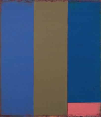 Steven Alexander, Metro 1, 2014,  Oil and acrylic on canvas, 30 x 26 inches. Three vertical rectangles in blue and oak with small horizontal pink rectangle in the bottom right. Steven Alexander is an American artist who makes abstract paintings characterized by luminous color, sensuous surfaces and iconic configurations.