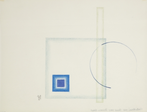 Dwinell Grant, Contrathemis Frame 2409, 1941,  Colored pencil on tracing paper, 8 x 10 1/2 inches, 3 blue squares, and one vertical sphere. Dwinell Grant made experimental modernist and constructivist films and paintings.