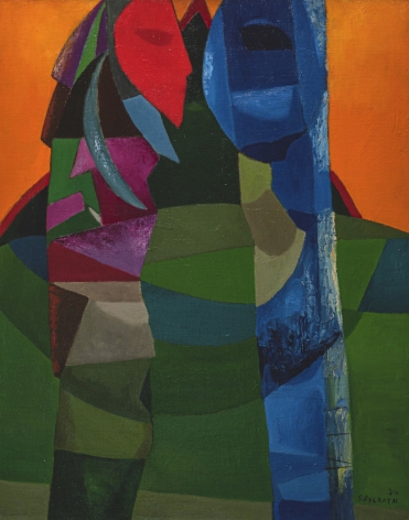 Felrath Hines, Totem, 1950, Oil on canvas, 30 x 24 in., Signed and dated, lower right. Cubist figures at the forefront of the composition, the right one mostly blue, and the left one pink, purple and green create totem poles. Felrath Hines worked to create universal visual idioms from a place of complex personal experience. Hines’s figurative and cubist-style artwork morphed into soft-edged organic abstracts as he grappled with hues in his chosen oil medium.