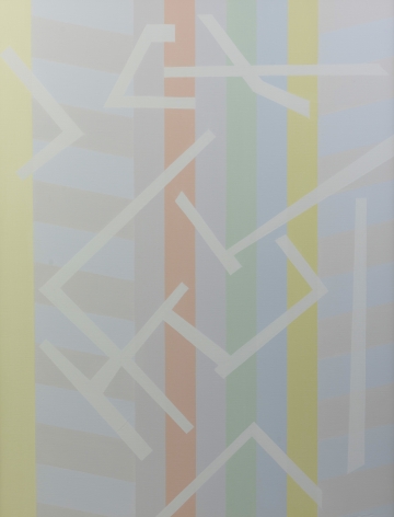 Felrath Hines, Hieroglyphic, 1985,  Oil on canvas, 40 x 52 inches. Soft composition with over lapping geometric shapes in grey and pastel colors. Felrath Hines worked to create universal visual idioms from a place of complex personal experience. His figurative and cubist-style artwork morphed into soft-edged organic abstracts as he grappled with hues in his chosen oil medium.