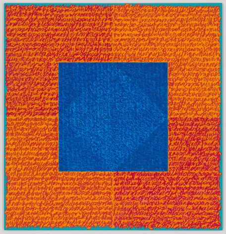 Louise P. Sloane, Sizzler, 2017, Acrylic paints and pastes on aluminum panel, 46 x 44 inches, four rectangles and a central square (blue and orange) with personal text written in red-orange over the squares to create three dimensional texture. Louise P. Sloane has been creating abstract paintings since 1974. Her works focus on geometric forms while celebrating color and texture.