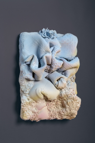 Morel Doucet, Ode to Osun, 2016,  White Earthenware, Glazed & Acrylic Stain, 21 x 15.5 x 7.25 inches, 3-D Ceramic panel with multiple textures and shapes, glazed in light pastel colors.. Morel Doucet creates work that combines the natural world with people's inner consciousness inspired by indigenous people of different cultures.