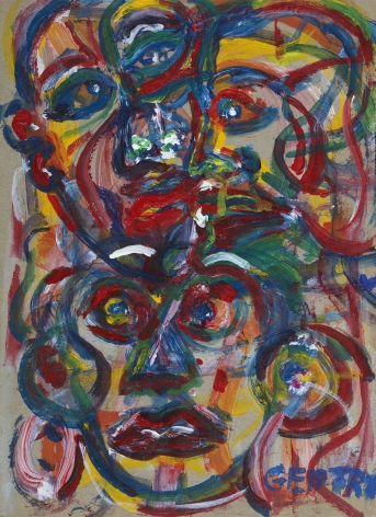 Herbert Gentry, Three Ways, 1994, Acrylic on board, 11 1/2 x 8 1/4 inches, Outlined and overlapped portraits in red, blue, green and yellow. Herbert Gentry painted in a semi-figural abstract style, suggesting images of humans, masks, animals and objects caught in a web of circular brush strokes, encompassed by flat, bright color.