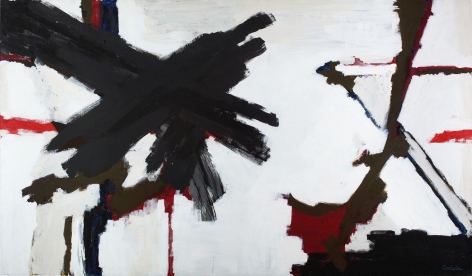 Judith Godwin, Crusade, 1977,  Oil on canvas,  50 x 90 inches, Abstract work with red, white and black, Judith Godwin uses the gestural methods and expressive color of abstract expressionism to convey her responses to life and nature.