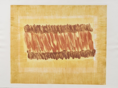Felrath Hines,  Untitled, 1982, Monotype, 19.5 x 24 inches. Yellow, mustard and red brush strokes. Felrath Hines worked to create universal visual idioms from a place of complex personal experience. His figurative and cubist-style artwork morphed into soft-edged organic abstracts as he grappled with hues in his chosen oil medium.