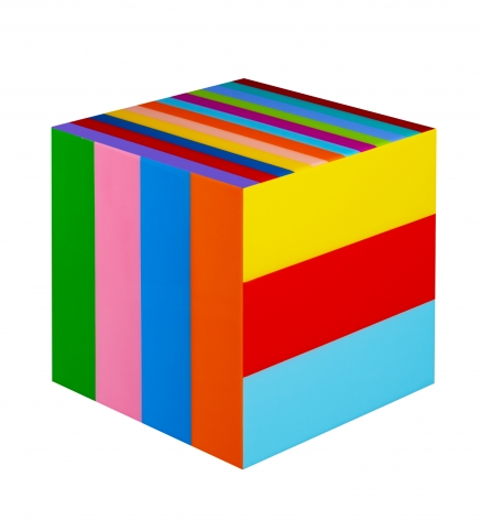 Heidi Spector, Our Love Song, 2019, Liquitex with resin on Birch panel, 12 x 12 x 12 inches, Signed, titled and dated on the verso, 3-D cube with colorful vertical stripes on each side, set in a glass-like surface, Heidi Spector creates geometric minimalist art inspired by musical rhythms that are composed of repetitive shapes in candy-like colors that vibrate.