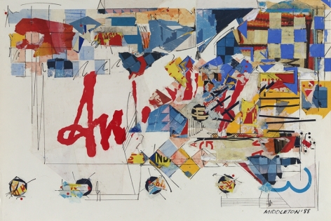 Sam Middleton, Adagio, 1988 Mixed media collage, 20 1/2 x 30 1/4 inches,  Signed and dated lower right. Abstract work with checkered squares, primary colors, and organic shapes. Sam Middleton was one of the leading 20th-century American artists, and is a mixed-media collage artist.