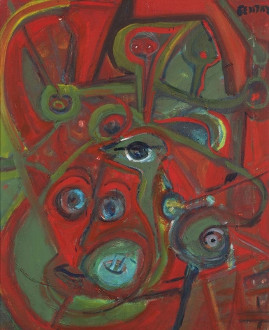 Herbert Gentry, The Family,   Acrylic on canvas,  24 x 19 1⁄2 inches, Signed upper right: Gentry. Abstract work with organic forms in green, blue and red. Herbert Gentry painted in a semi-figural abstract style, suggesting images of humans, masks, animals and objects caught in a web of circular brush strokes, encompassed by flat, bright color.