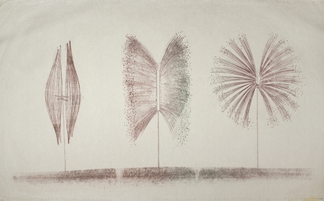 Harry Bertoia, 1305, ca.1970, Monoprint on rice paper  26 x 41 in, Three trees with strange abstract shapes on stick bases. Harry Bertoia was an artist and furniture designer.