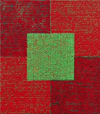 Louise P. Sloane, Green Square With Reds, 2010, Acrylic paints and pastes on aluminum panel,34 inches x 30 inches, four rectangles and a central square (red and mahogany) with personal text written in green over the squares to create three dimensional texture. Louise P. Sloane has been creating abstract paintings since 1974. Her works focus on geometric forms while celebrating color and texture.