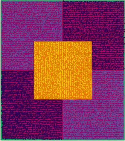 ,Louise P. Sloane, VVPPO, 2015, Acrylic paint and pastes on aluminum panel, 34 x 30 inches, Signed, titled and dated on verso, four rectangles and a central square (purple and violet with yellow) and personal text written over the squares to create three dimensional texture. Louise P. Sloane has been creating abstract paintings since 1974.