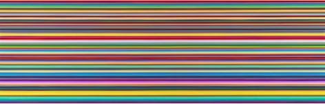 Heidi Spector, Only Love Can Save the Day, 2019, Liquitex with resin on Birch panel, 24 x 72 x 2 inches, Signed, titled and dated on the verso, Horizontal panel with bright and colorful thin stripes set in a glass-like surface, Heidi Spector creates geometric minimalist art inspired by musical rhythms that are composed of repetitive cubes in candy-like colors that vibrate.