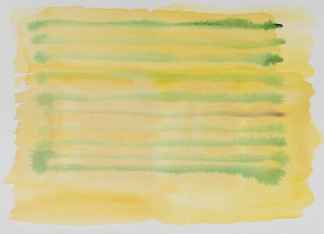 Felrath Hines, Untitled, 1980s,  Watercolor on paper,  10 x 14.25 inches. Horizontal green and yellow brush strokes. Felrath Hines worked to create universal visual idioms from a place of complex personal experience. His figurative and cubist-style artwork morphed into soft-edged organic abstracts as he grappled with hues in his chosen oil medium.