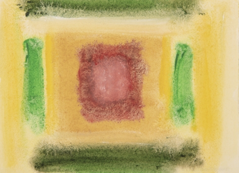 Felrath Hines, Untitled,  Watercolor on paper, 5 x 7 inches, Unsigned. Multi-color green, yellow and red vertical and horizontal organic rectangles. Felrath Hines worked to create universal visual idioms from a place of complex personal experience. His figurative and cubist-style artwork morphed into soft-edged organic abstracts as he grappled with hues in his chosen oil medium.