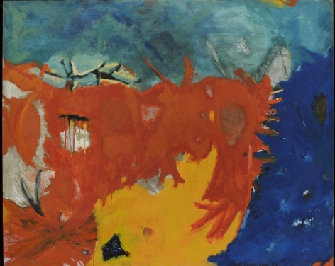Bob Thompson, Spazz, Provincetown, 1959, Oil on board, 51 x 63 inches, Signed lower right, Abstract work with orange, blue and yellow, Bob Thompson is recognized for the vibrancy of his paintings and influence to successive generations of artists.