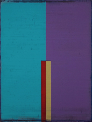 Steven Alexander, CHAMELEON 11, 2017, Oil and acrylic on canvas, 32 x 24 inches. Vertical rectangles in blue and purple with smaller red and yellow rectangles on top. Steven Alexander is an American artist who makes abstract paintings characterized by luminous color, sensuous surfaces and iconic configurations.