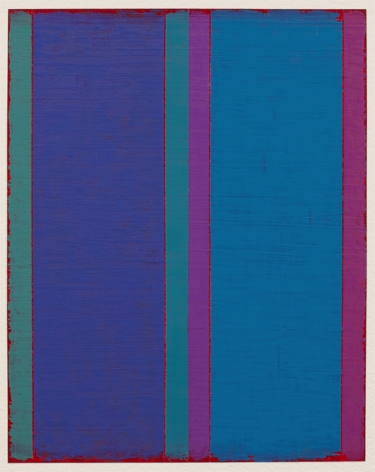 Steven Alexander, P13-18, 2018,  Oil & acrylic on paper, 10 x 8 inches. Six thick and thin vertical rectangles in blues and pinks with thin magenta edges. Steven Alexander is an American artist who makes abstract paintings characterized by luminous color, sensuous surfaces and iconic configurations.
