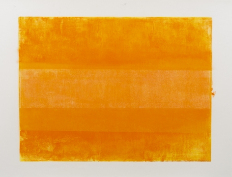 Felrath Hines, Untitled, 1981,  Monotype, 18 x 24 inches. Bright orange vertical rectangles.  Felrath Hines worked to create universal visual idioms from a place of complex personal experience. His figurative and cubist-style artwork morphed into soft-edged organic abstracts as he grappled with hues in his chosen oil medium.
