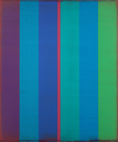 Steven Alexander, Is & Was, 2017, Oil and acrylic on linen,60 x 50 inches, 6 Vertical rectangles in purple, blue and green, split in the middle with a pink stripe. Steven Alexander is an American artist who makes abstract paintings characterized by luminous color, sensuous surfaces and iconic configurations.