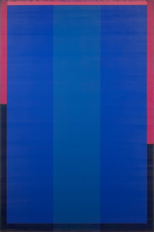 Steven Alexander, Poet XIV, 2016, Oil and acrylic on canvas, 72 x 48 inches, Signed and titled on the verso, Vertical rectangles in different shades of blue with pink and black border, Steven Alexander is an American artist who makes abstract paintings characterized by luminous color, sensuous surfaces and iconic configurations.