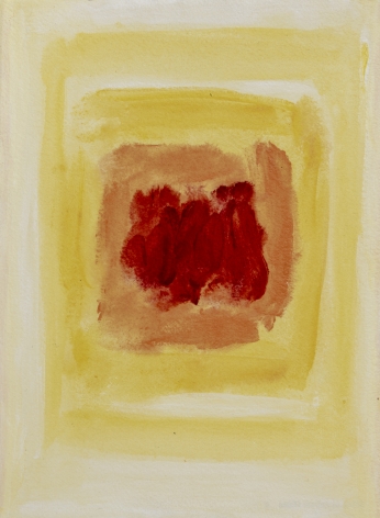 Felrath Hines, Untitled,  Watercolor on paper, 7 x 5 inches,  Unsigned. Pastel yellow, yellow and red painterly rectangles on vertical paper. Felrath Hines worked to create universal visual idioms from a place of complex personal experience. His figurative and cubist-style artwork morphed into soft-edged organic abstracts as he grappled with hues in his chosen oil medium.