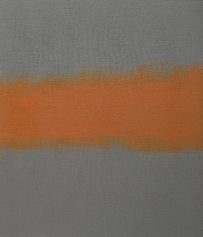 Felrath Hines, Untitled (sketch), 1969, Oil on canvas, 12 x 14 in., signed. Abstract painting with horizontal orange brush strokes over grey background. Felrath Hines worked to create universal visual idioms from a place of complex personal experience. His figurative and cubist-style artwork morphed into soft-edged organic abstracts as he grappled with hues in his chosen oil medium.