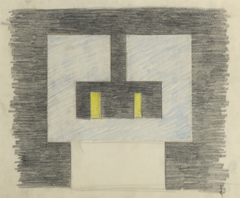 Burgoyne Diller,  Drawing for Sculpture, 1963,  Pencil and crayon on paper, Sculpture sketch with square and rectangular stacked shapes. Burgoyne Diller was a modernist artist who worked in various mediums to create geometric abstractions.