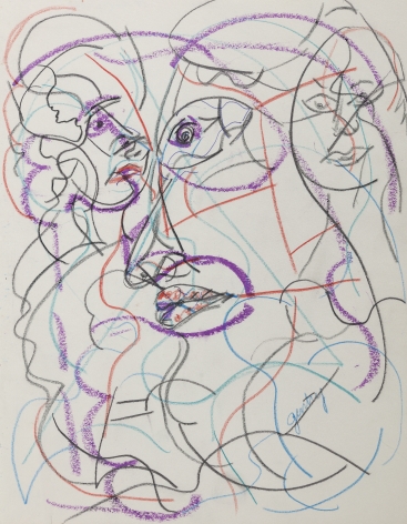 Herbert Gentry, Untitled - DP-XV, 1993,  Pastel and colored pencil on paper,  11 1/8 x 9 1/2 inches,  Signed lower right. Circular and organic wavy brush strokes that suggests parts of human faces- include lips and eyes. In purple, blue, red and black. Herbert Gentry painted in a semi-figural abstract style, suggesting images of humans, masks, animals and objects caught in a web of circular brush strokes, encompassed by flat, bright color.