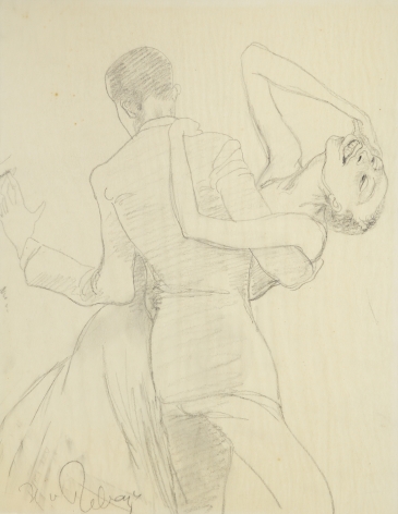 Hilla Rebay, Swingers, Graphite on paper, 11 x 9 inches, pencil sketch of man dancing with smiling woman. Hilla Rebay was an abstract artist and co-founder of the Guggenheim.