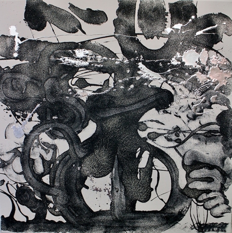 Catherine Howe, "Carborundum and Silver (violet)", 2016  36 x 36 inches, acrylic, carborundum grit, encaustic, metal leaf, on canvas. Abstract work with movement and gestural strokes on the canvas in black, grey and silver. Catherine Howe has produced sumptuously inviting yet socially-decadent conflations made in the name of painterly reflection. She has painted some variation of expressionist figuration, usually with readily-apparent allusions to art history.