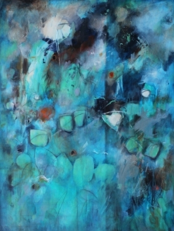 Diane Walker-Gladney, Racoon Dance Party, 2018, Acrylic and graphite on canvas, 48 x 36 inches, Abstract work with multiple hues of blue and turquoise, Diane Walker-Gladney celebrates and paints her childhood experiences and insignificant moments that she feels defines her story.