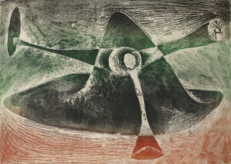Harry Bertoia, 1264 c.1970, Monoprint on rice paper  26 5/8  x 36 ¼ in, Green, orange and black abstract monoprint. Harry Bertoia was an artist and furniture designer.