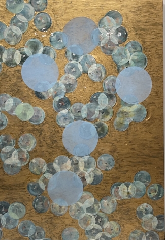 Erin Parish. Molecular Boogie, 2019, Oil on canvas, 50 x 70 in., Signed and dated on verso. Composed principally of fields of teal and gray circles over a gold background, Parish’s paintings do not have primary focal points, but rather implied depth, created by the use of resin resulting in textured surfaces that guides the eye. Layered and dense, Parish’s works convey a distinct tension between the textured surface and the underpainting resulting in structurally rigorous and complex compositions.