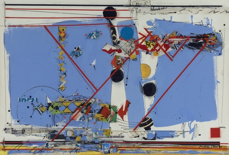 Sam Middleton,  Soft Wind, 1987,  Mixed media and collage on paper,  20-1/2 30-1/4. Abstract work with black and yellow spheres, red rectangles and an organic blue background. Sam Middleton was one of the leading 20th-century American artists, and is a mixed-media collage artist.