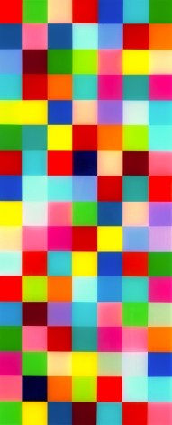 Heidi Spector, Boss' Life, 2018, Liquitex with resin on Birch panel, 34 x 14 x 2 inches, Signed, titled and dated on the verso, Vertical panel with colorful cubes set in a glass-like surface, Heidi Spector creates geometric minimalist art inspired by musical rhythms that are composed of repetitive cubes in candy-like colors that vibrate.