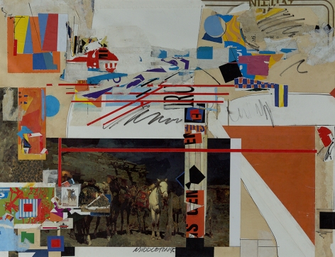 Sam Middleton, Buffalo Soldier, 1995,  Mixed media and collage on paper, 19-1/2 x 25-1/4. Collage with photograph of horses, geometric lines and rectangles in orange, blue, yellow and red. Sam Middleton was one of the leading 20th-century American artists, and is a mixed-media collage artist.