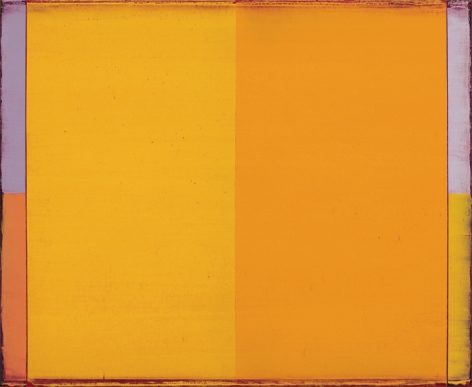 Steven Alexander, Reverb 20, 2017, Oil and acrylic on canvas, 22 x 18 inches, Signed and titled on the verso, SOLD, Vertical rectangles in yellow and orange with light lilac and orange border, Steven Alexander is an American artist who makes abstract paintings characterized by luminous color, sensuous surfaces and iconic configurations.