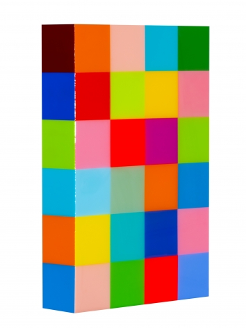 Heidi Spector, Deep In The Heart of Me I, 2019, Liquitex with resin on Birch panel,18 x 12 x 3 inches, Signed, titled and dated on the verso, Vertical panel with bright and colorful cubes set in a glass-like surface, Heidi Spector creates geometric minimalist art inspired by musical rhythms that are composed of repetitive cubes in candy-like colors that vibrate.